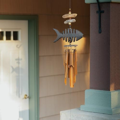 Wind Chime Fish Handcrafted Wooden Bamboo Bone Fish Outdoor Garden
