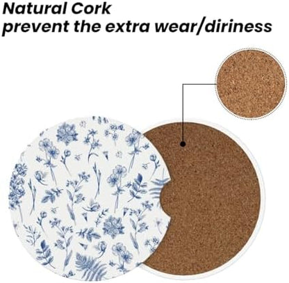 Vintage Blue Flower Car Coasters for Cup Holder Absorbent Ceramic Cup
