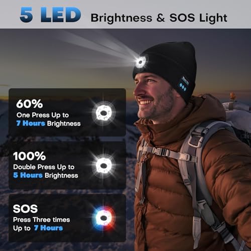 Bluetooth Beanie with Light, USB-C Charging 5 LED Flashlight Hat