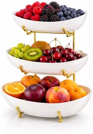 3 Tier Fruit Basket for Kitchen Counter, Large Ceramic Fruit Bowl &