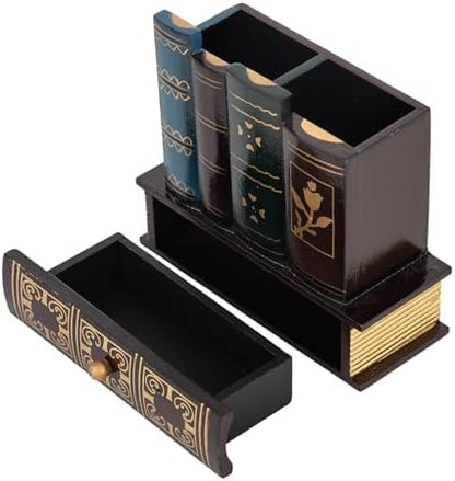 Decorative Pencil and Pen Holder with Storage Drawer, Wooden Desk