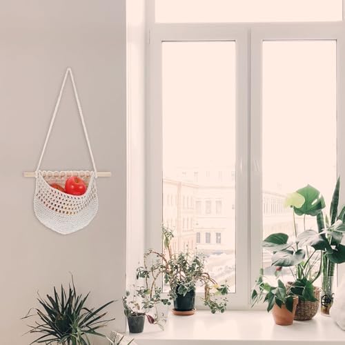 Hanging Fruit Basket Beige for Kitchen, Plant Woven Wall Storage