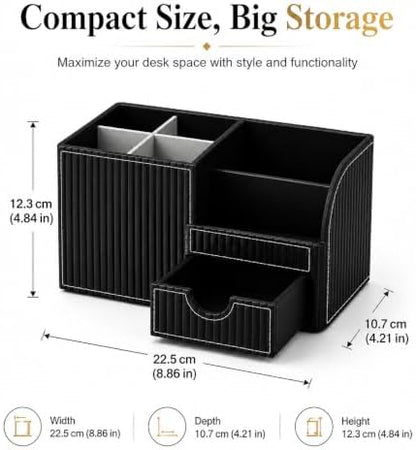 KINGFOM Executive Leather Desk Organizer with Drawer, Modern Black