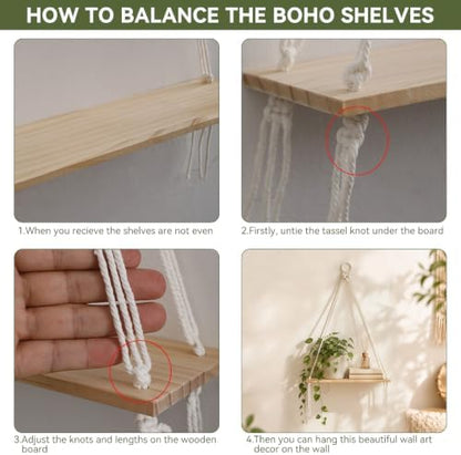 Artilady Boho Shelf Wall Decor Macrame Hanging Floating Shelves for