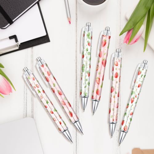 Strawberry Pens Set of 6, Black Ink Ballpoint Pens for Summer Gifts