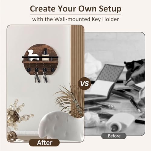 Nekon Key Holder for Wall, 9.8 Inch Round Wall Decor, Brown