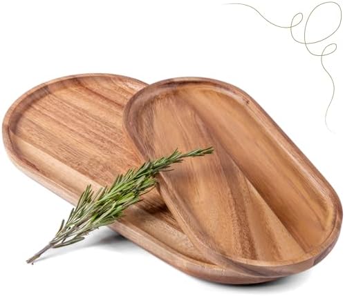 Acacia Wooden Serving Trays Set of 2 - Rectangular Oval Shaped Wood