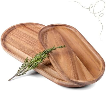 Acacia Wooden Serving Trays Set of 2 - Rectangular Oval Shaped Wood
