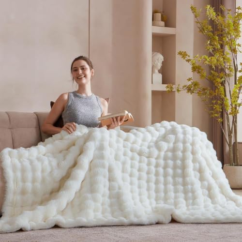 Faux Fur Throw Blanket for Couch, Soft Fuzzy Plush Thick Bubble