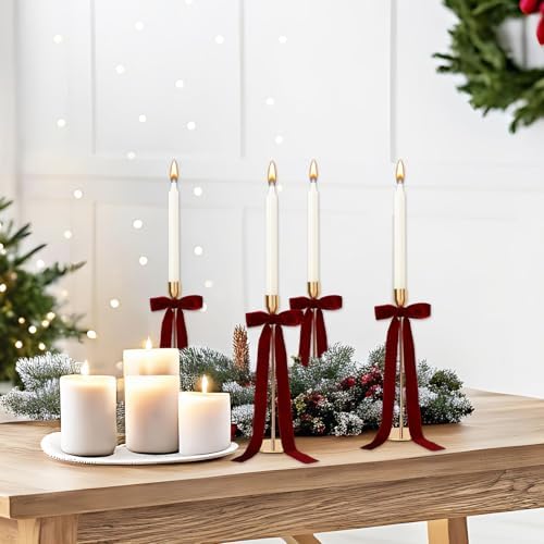 Whaline 12Pcs Velvet Christmas Bows for Candlestick Decor 4" x 12"
