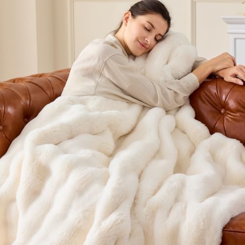 IFNOW Soft Fluffy Faux Fur Throw Blanket for Couch, 50" x60, Cream