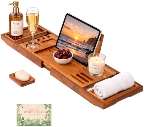 Teak Bathtub Tray, Expandable Bath Caddy 28.5-40", Stained