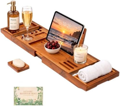 Teak Bathtub Tray, Expandable Bath Caddy 28.5-40", Stained