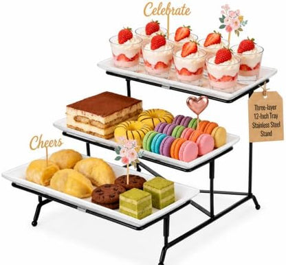 3 Tier Serving Tray, 12" White Plastic Tiered Food Serving Platters