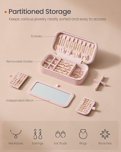 SONGMICS HOME Travel Jewelry Case, Portable Box Organizer with Mirror