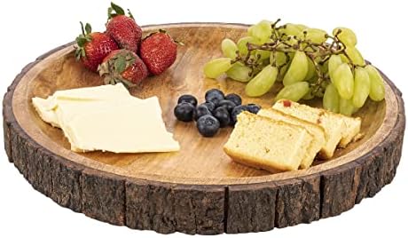 GoCraft Round Wooden Serving Platter with Tree Bark on Edges | Mango