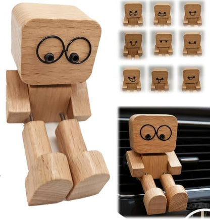 Shaking Leg Wooden Man Figurine with 12 Expression Accessories for Car