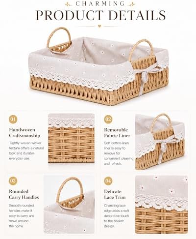 Handwoven Rattan Basket Tray with Handles & Washable Liner