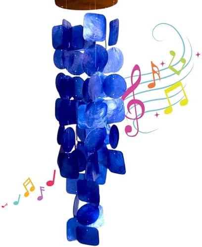 Wind Chimes Outdoor, Capiz Sea Glass Shells Wood Blue 27 Inch – Garden