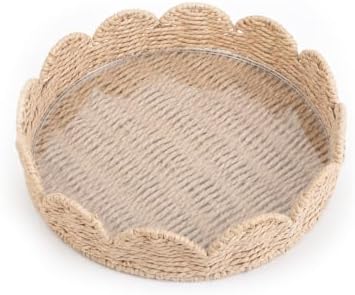 Scalloped Tray with Clear Acrylic Bottom, Round Woven Wicker Serving