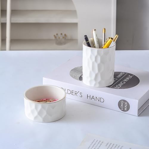 Aesthetic Desk Organizer Set of 2 For Office, Ceramic Pen Holder and