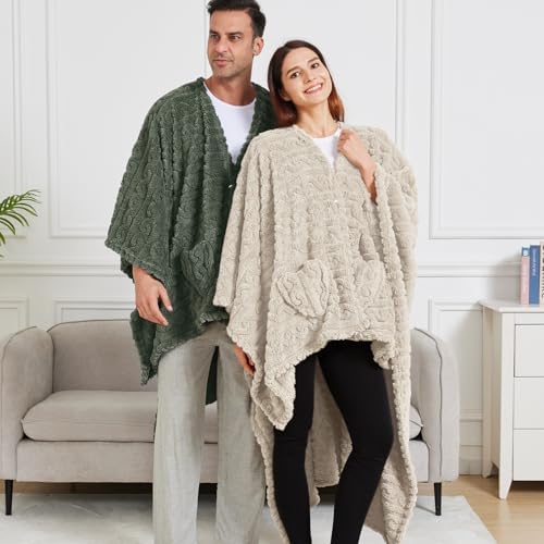 Wearable Blanket Poncho Cape Wrap for Adult, Cozy Sherpa Fleece