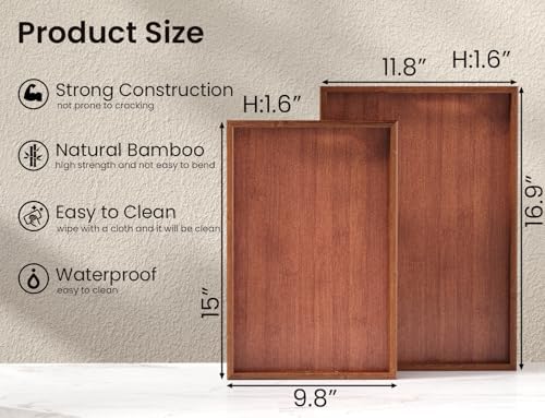 Fibogollo Bamboo Set of 2 Serving Tray with Handles,Decorative Trays