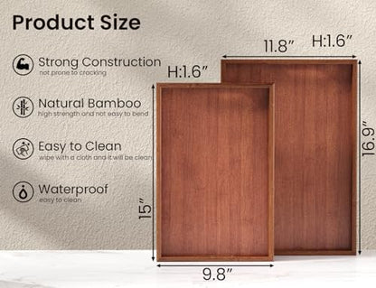 Fibogollo Bamboo Set of 2 Serving Tray with Handles,Decorative Trays