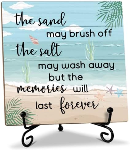 Beach Wooden Sign Desk Decor Wood Plaque with Support Stand, Coastal