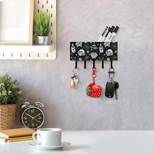 Luxury Leather Wall Mounted Key Hooks Black Cat Rose Skull Goth, Mail