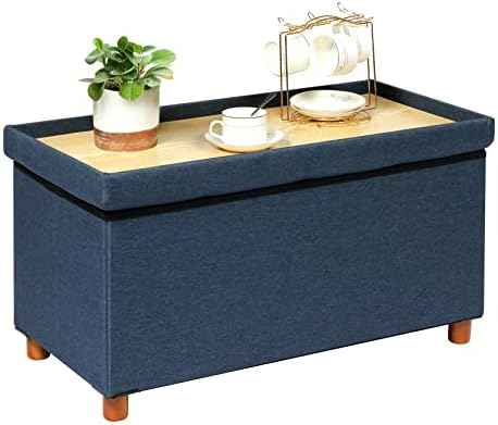 PINPLUS Storage Ottoman Cube, White Linen Footrest with Wooden Legs