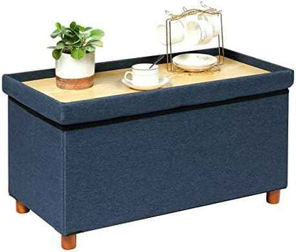 PINPLUS Storage Ottoman Cube, White Linen Footrest with Wooden Legs