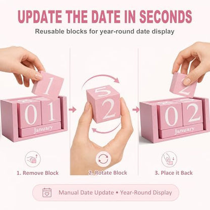 MICKYU Pink Wooden Perpetual Block Calendar