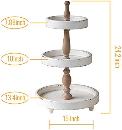 SOFE Handmade Distressed White Rustic Round 3 Tiered Tray Stand
