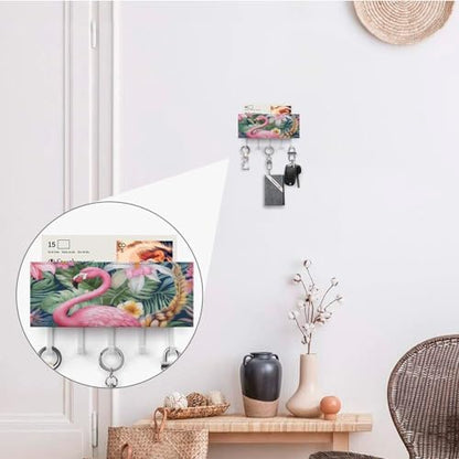 Flamingo Floral Pattern Key Holder Wall Mount PU Leather Adhesive Key