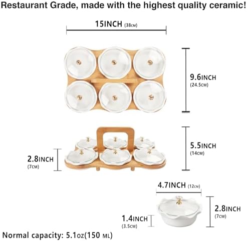 Ceramic Serving Dishes with glass Lids and Bamboo Platter, 6 Removable