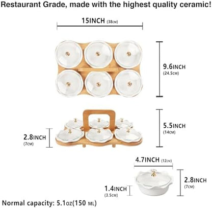 Ceramic Serving Dishes with glass Lids and Bamboo Platter, 6 Removable