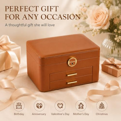 Large Jewelry Box for Women, 3-Layer Organizer with 2 Drawers