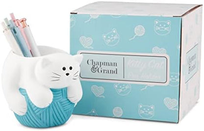 Chapman and Grand Relaxing Kitty Cat Pen Holder, White/Turquoise