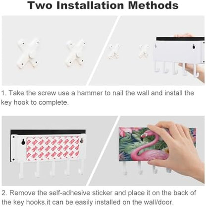 Flamingo Floral Pattern Key Holder Wall Mount PU Leather Adhesive Key