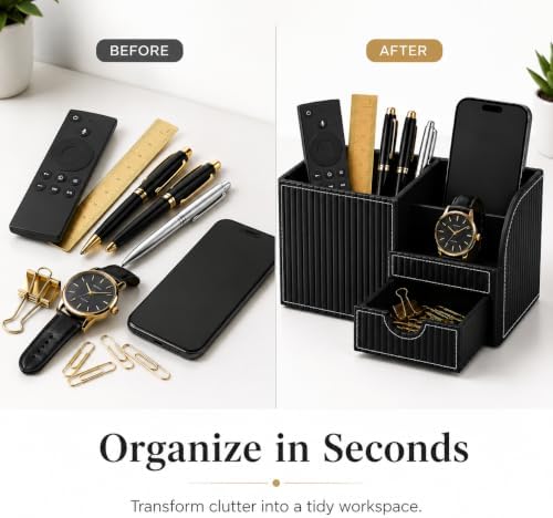KINGFOM Executive Leather Desk Organizer with Drawer, Modern Black