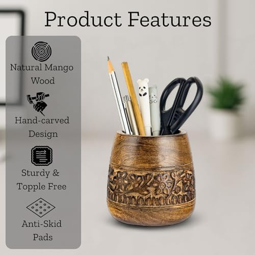 Mie Creations Rustic Pencil Holder, Wooden Pen Stand, Table Desk