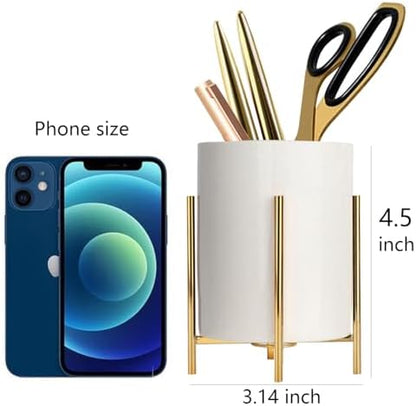 Gold pencil cup Sturdy metal frame with white ceramic pen holder For