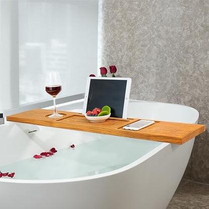 VaeFae Teak Wood Bathtub Tray Table with Wine and iPad Holder