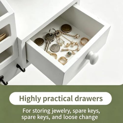 White Key and Mail Holder for Wall with 6 Hooks and Storage Drawer