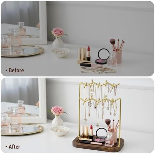 MyGift Rustic Solid Wood & Brass Tone Metal Tabletop Jewelry Organizer