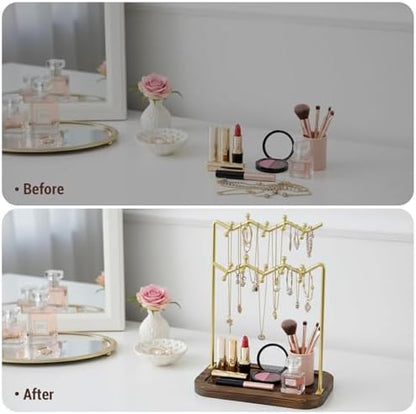 MyGift Rustic Solid Wood & Brass Tone Metal Tabletop Jewelry Organizer