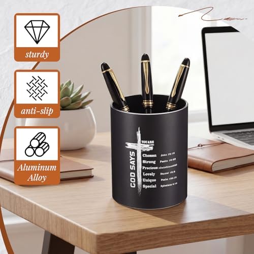 Maitys Metal Desk Pen Holder Christian Aluminum Pen Cup Gift, God Says