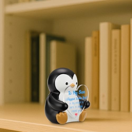 To My Son Penguin Figurine Gift, Resin Penguin Holding Heart Acrylic