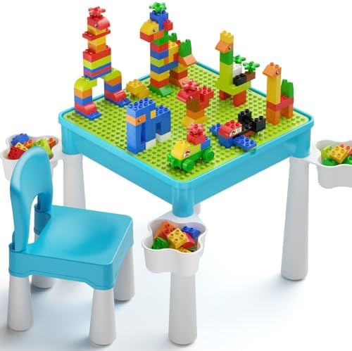 burgkidz Toddler Building Table Set: 1 Chair 128 Blocks Storage Box